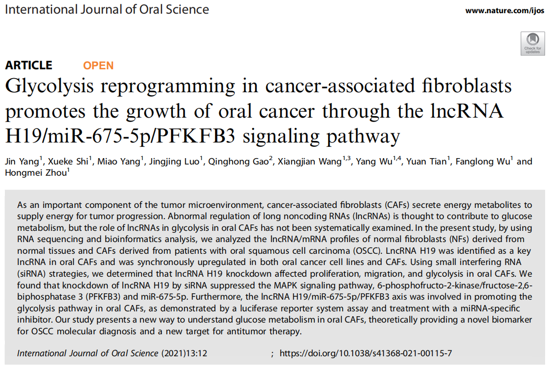 癌症相关成纤维细胞中的糖酵解重编程通过lncRNAH19/miR-675-5p/PFKFB3信号通路促进口腔癌的生长